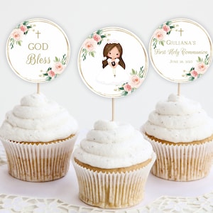 First Holy Communion Cupcake Toppers 1st Communion Girl Printable First Communion Decoration Floral Greenery Watercolor Editable FC12