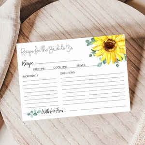 Bridal Shower recipe card, Sunflower Bridal Shower, Printable recipe card, recipe cards, recipe for the bride to be, instant download