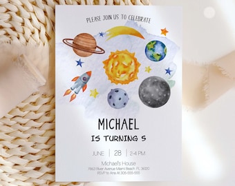 Outer Space Birthday Invitation Template, Planets Birthday invitation, Planets Rocket Ship Astronaut Invite, Editable template, Printable