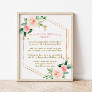 Printable First Communion Prayer, Girl Communion Decoration, Pink and Gold, Floral Watercolor, Instant Download, FC05