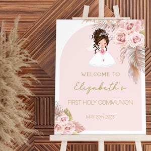 Girl First communion welcome sign, 1st communion poster, Boho Communion Decoration, Printable Sign, Floral Pink and Gold, Editable, FC15