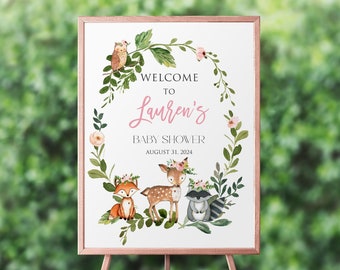 Znak powitalny na baby shower w lesie, baby shower dla dziewczynek, znak na baby shower, dekoracja na baby shower w lesie, znak do wydrukowania, zwierzęta leśne