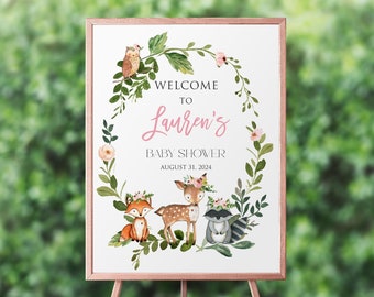 Woodland Baby Shower Welcome Sign, girl baby shower, baby shower sign, woodland baby shower decoration, printable sign, woodland animals