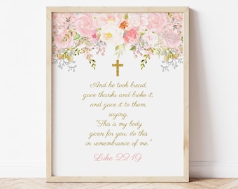 Versículo bíblico de la primera comunión, oración de comunión para niñas, decoración de comunión, rosa y dorado, rosa ruborizado, plantilla editable, FC18