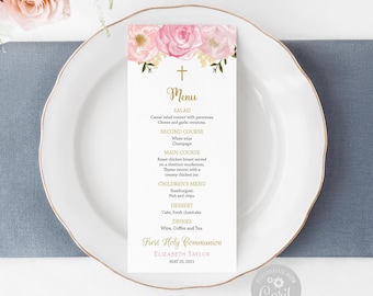 May include: A printable menu card with a pink floral design. The menu includes a salad, second course, main course, children's menu, dessert, and drinks. The text at the bottom reads "First Holy Communion, Elizabeth Taylor, May 20, 2021".