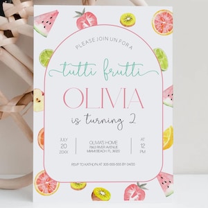 Tutti Frutti Birthday Invitation, Fruit 2nd Girl birthday invitation, Watermelon Lemon Invitation Editable Template, Summer invite