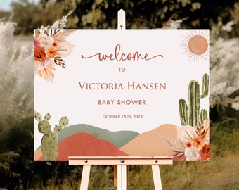Plantilla de letrero de bienvenida para baby shower con temática de desierto, letrero de baby shower estilo boho, póster de baby shower del suroeste, decoración de baby shower con temática de cactus en el desierto