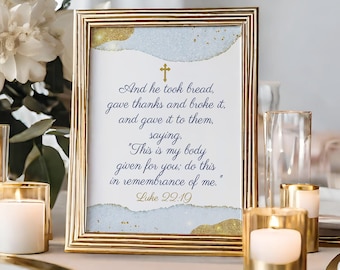 Erste heilige Kommunion Bibel Vers, Junge Kommunion Bibel Vers, erste Kommunion Tischdekoration, Blau und Gold, Instant Download, FC18