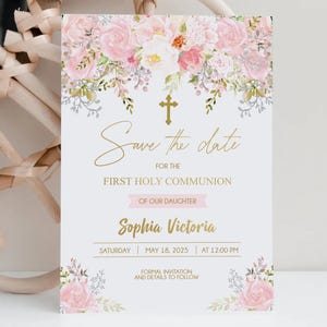 Menina Primeira Comunhão Salve a Data, Delicado Floral Blush Pink Primeira Comunhão Convite Modelo, Batismo Salve a Data, FC18
