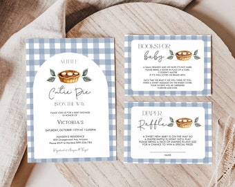 Plantilla editable para baby shower de niño con diseño de CUTIE PIE, invitación para baby shower de otoño con diseño de Little Cutie Pie azul, plantilla para baby shower con diseño de pastel de calabaza, FALL110