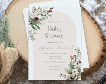 Peut inclure: Une invitation à une fête prénatale avec une illustration aquarelle de verdure d'hiver, de pommes de pin et de fleurs blanches. L'invitation est pour Julia & Michael et est prévue pour le dimanche 22 novembre de 10h00 à 12h00. L'adresse est 27981 Murrieta Rd, Sun City, CA 92586. Veuillez confirmer votre présence à Kensie au 425-5555. Le couple est enregistré chez Amazon & Target.