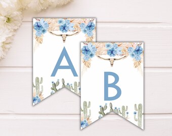 May include: Two blue and white pennant banners with a floral and cactus design. The banners have the letters A and B printed on them.