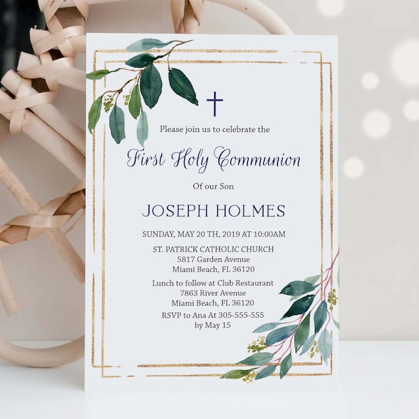 First holy communion invitation boy, Printable invitation, Greenery leaves watercolor, Boy 1st communion Editable Template, Navy Blue, FC04