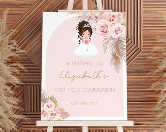 Girl First communion welcome sign, 1st communion poster, Boho Communion Decoration, Printable Sign, Floral Pink and Gold, Editable, FC15