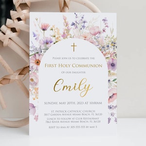 Wildflower First Holy  Communion Invitation Template | Girl First Communion Card | Printable 1st Communion DIY Invite | Editable, FC24