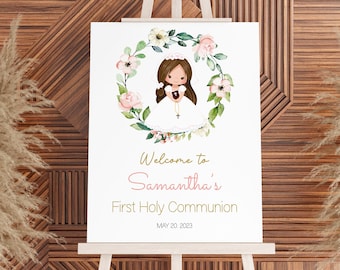 Girl First communion welcome sign, 1st Communion Poster, Communion Decoration, Printable Sign, Floral Peach and Cream, Editable, FC13