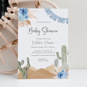 Modelo de convite para chá de bebê mexicano Fiesta, convite para chá de bebê para meninos, convite para chá de bebê Taco Bout, Blue Cactus Desert