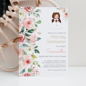 Plantilla editable para invitación de primera comunión de niña, tarjeta de invitación, imprimible, acuarela floral rosa, guirnalda floral rosa, FC13