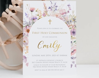 Wildflower First Holy  Communion Invitation Template | Girl First Communion Card | Printable 1st Communion DIY Invite | Editable, FC24