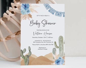 Szablon zaproszenia na przyjęcie Fiesta Mexican, zaproszenie na przyjęcie dla chłopca do druku, zaproszenie na przyjęcie dla dziecka Taco Bout, Blue Cactus Desert