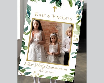 Greenery Photo Booth Selfie Frame First Communion, Siblings First Communion Decoration, Twins Digital photo boot frame, Green leaf, FC04