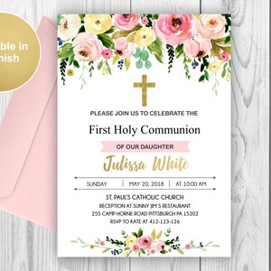 Floral First Holy Communion, printable communion invitation girl, floral watercolor communion
