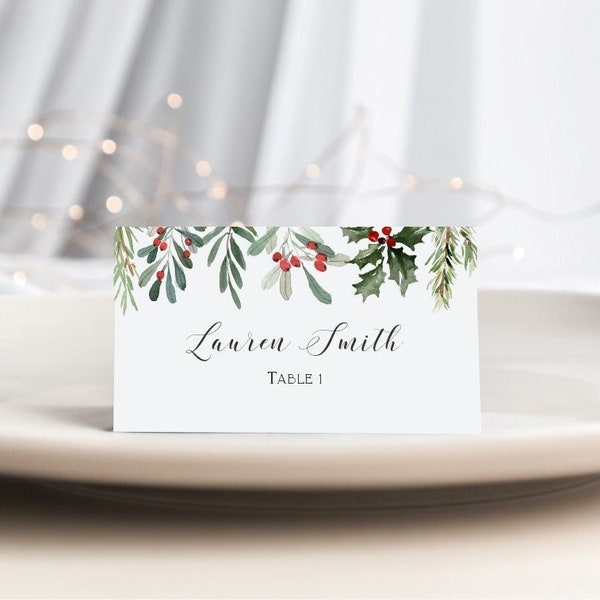 Christmas Place Cards Template, Holyday Seating Card Printable, Printable place cards, Holly Jolly, Editable Template, CHR06