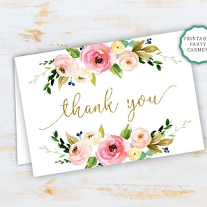Cartão de agradecimento floral, cartão de agradecimento para impressão, chá de panela, chá de bebê, aquarela floral, rosa e dourado, DOWNLOAD INSTANTÂNEO
