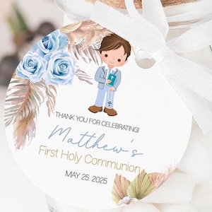 Etiquetas de recuerdo de primera comunión para niño, etiquetas de primera comunión, etiquetas imprimibles, pegatinas de comunión con motivos florales bohemios en azul, plantillas editables