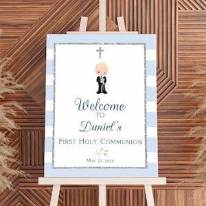 First Communion Welcome Sign for Boy 1st Communion Poster Communion Decoration Printable Sign, Religious sign, Light Blue and silver, FC11