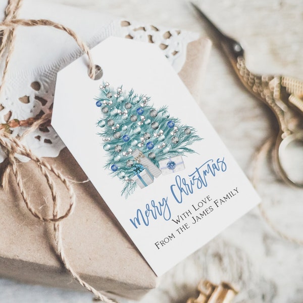 Merry Christmas Gift Tags Printable Template, Tree Christmas favor tags, Christmas labels, Editable template,Blue Tree