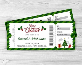 May include: Green and white Christmas ticket with the text "Merry Christmas" and "Concert/Artist name". The ticket says "May 15, 2023" and "Theatre/9:00PM/San Diego, CA."