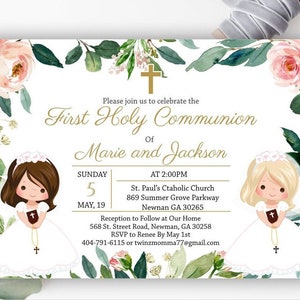 First Communion invitation siblings, communion twins, first communion girls, printable invitation, floral greenery invitation, sisters