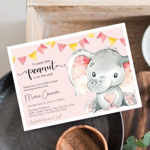 Inbjudan till babyshower med elefant, flicka, babyshower med liten jordnöt, inbjudningsmall, rosa babyshower, elefanttema, BABYINV0004 bild 1