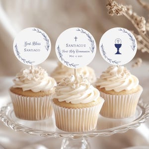 Boy First Communion Cupcake Toppers Printable | Navy Minimalist First Holy Communion Decor | Chalice & Olive Branches | Editable Template