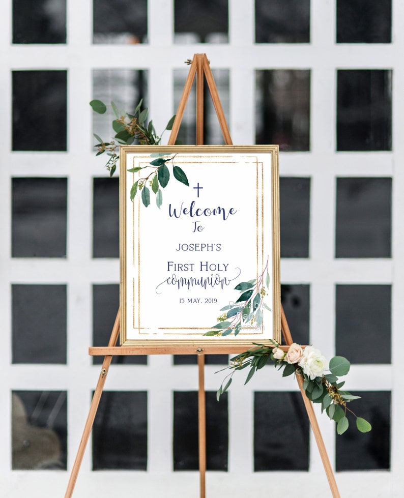 First Holy Communion Invitation, siblings invitation, printable invitation, leaves watercolor, Editable invitation, white & gold image 5