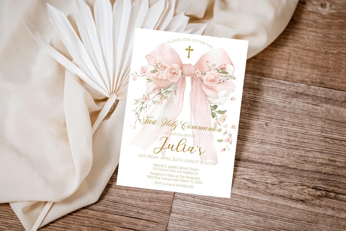 Pink Bow First Holy Communion Invitation Template | Coquette Floral ...
