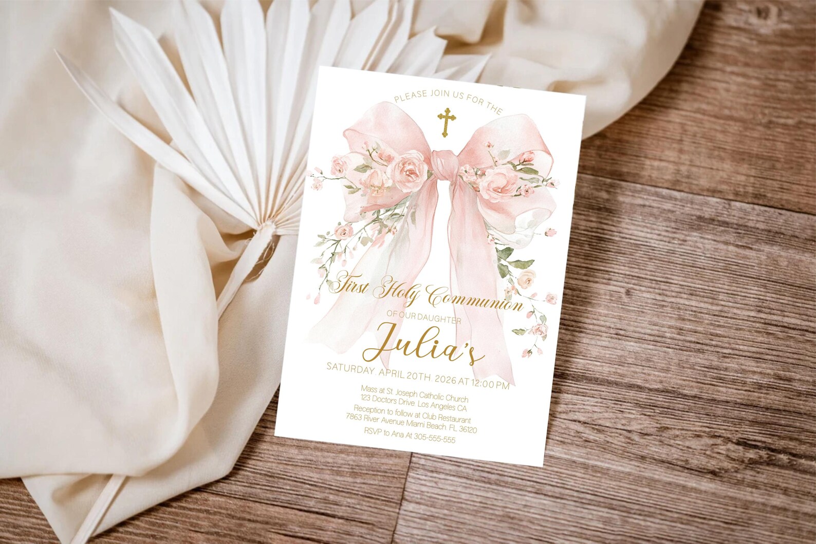 Pink Bow First Holy Communion Invitation Template | Coquette Floral ...