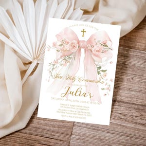 Pink Bow First Holy Communion Invitation Template | Coquette Floral ...