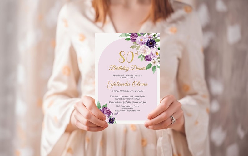 May include: Purple and white floral birthday dinner invitation with gold lettering. The invitation reads "80th Birthday Dinner" and includes the name "Yolanda Olano".