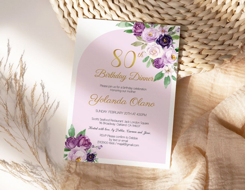 May include: A pink and white floral invitation with gold lettering for an 80th birthday dinner. The invitation includes the text "80th Birthday Dinner", "Please join us for a birthday celebration Honoring our mother Yolanda Olano", "Sunday February 20th at 4:30pm", "Scotts Seafood Restaurant Jack London Square 96 Broadway Oakland CA 94607", "Hosted with love, by Debbie, Carmen and Jesse", "RSVP Please confirm to Debbie (510) 900-1666 / majal@gmail.com by text or email".
