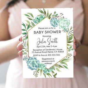 Faire-part de baby shower de verdure, baby shower de plantes succulentes, faire-part imprimable, baby shower de bohème, neutre entre les sexes, taille 5 X 7