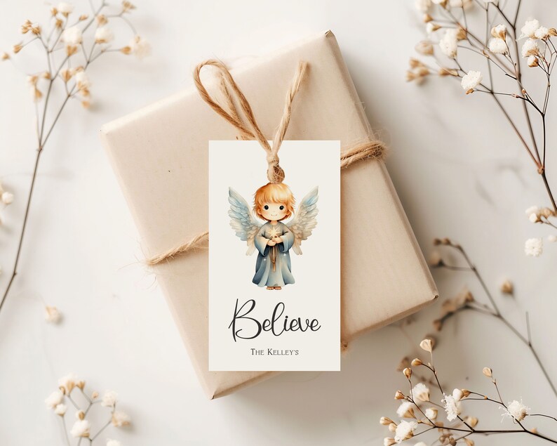 Believe Angel Christmas Gift Tags | Editable Holiday Favor Tags | Joy ...