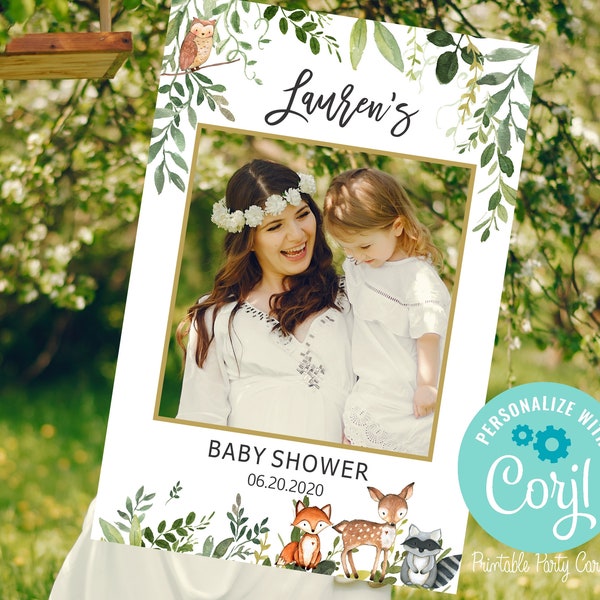 Woodland Baby Shower Photo Booth Frame props, Editable and Instant Download, Neutral baby shower photo booth sign, Woodland animals