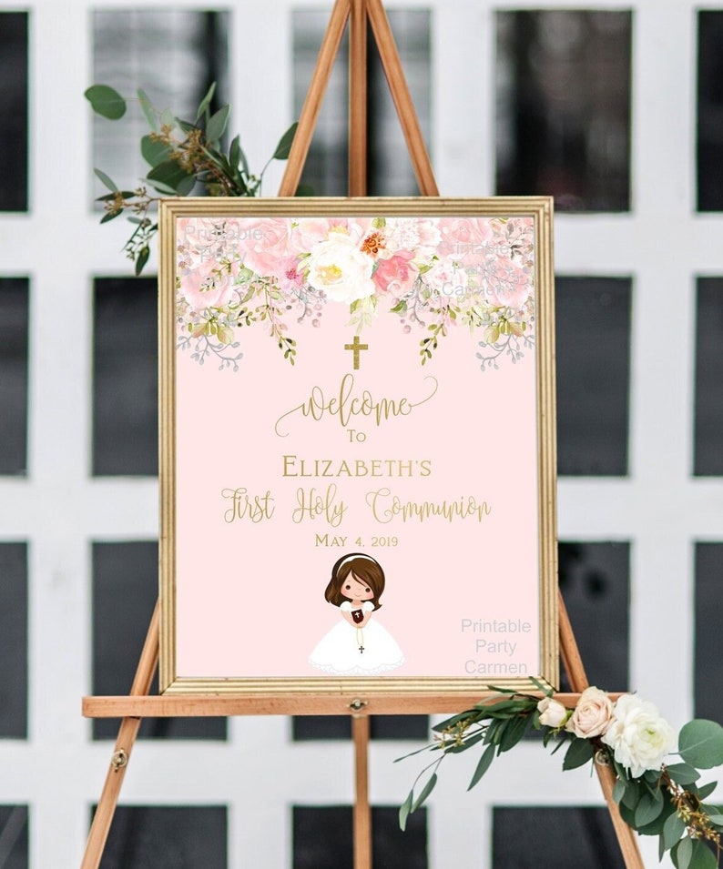 First communion welcome sign girl, 1st communion poster, communion decoration, printable sign, floral blush and gold, custom sign, FC01 zdjęcie 1