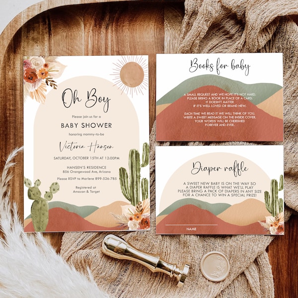 Desert Baby Shower Invitation Set, Oh Boy Baby Shower Invitation Template, Printable Southwestern Baby shower Cactus Desert Baby shower BS07