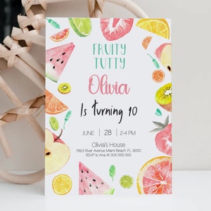 Fruit 10e verjaardagsuitnodiging, meisje verjaardagsuitnodiging, fruitige tutti, watermeloen citroen uitnodiging bewerkbare sjabloon, zomeruitnodiging