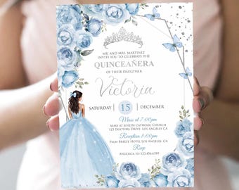 Floral Blue Quinceañera Invitation | Elegant Editable Template for Mis Quince Años, Blue Peonies & Silver Tiara and Frame Design Butterflies
