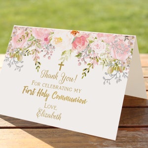 Floral erste Kommunion Dankeskarte, Mädchen erste heilige Kommunion, druckbare Dankeschön-Karte, Floral blush Dankeschön-Karte, personalisierte FC18