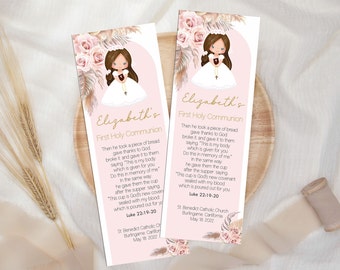 Boho First Communion Bookmark Favors - Girl  Communion Favors for Guests, Boho Arch Floral Pink, Printable Bookmark, Editable Template FC15